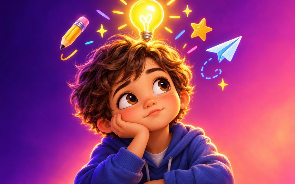 Illustratie bij de tool Ik Verveel Me met een verveeld kind en een lampje vol ideeën