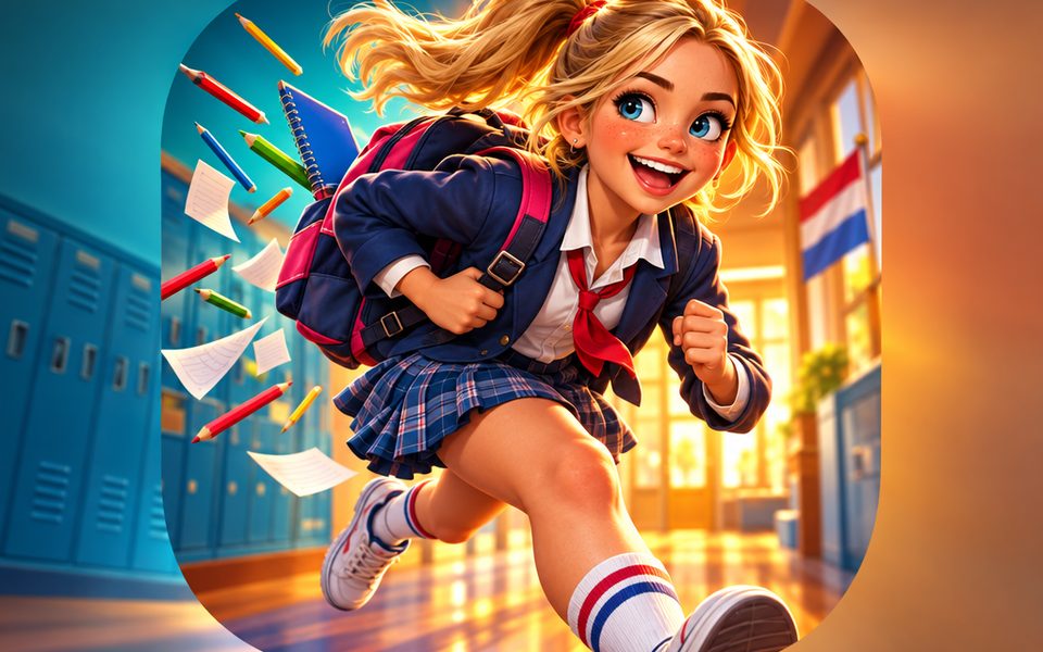 Gameplay van School Run met een rennend personage in een schoolgang